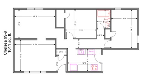 Floor plan for 2 beds, 1 bath, 1024 sqft